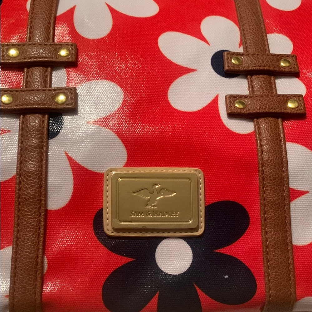 Red and Brown Floral Tote with Leather Accents
